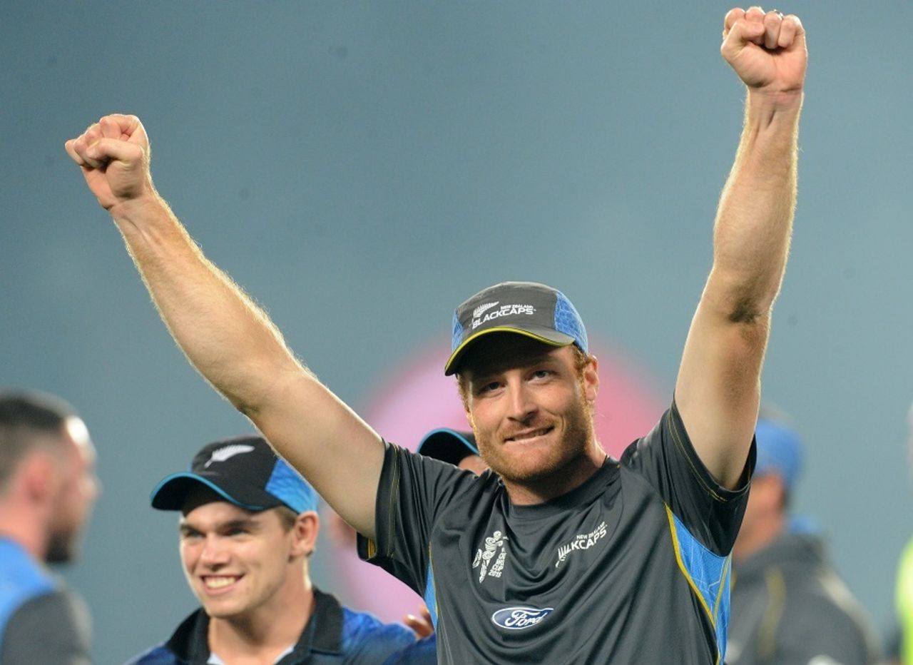 Martin Guptill has his hands aloft in joy, New Zealand v South Africa, World Cup 2015, 1st semi-final, Auckland, March 24, 2015