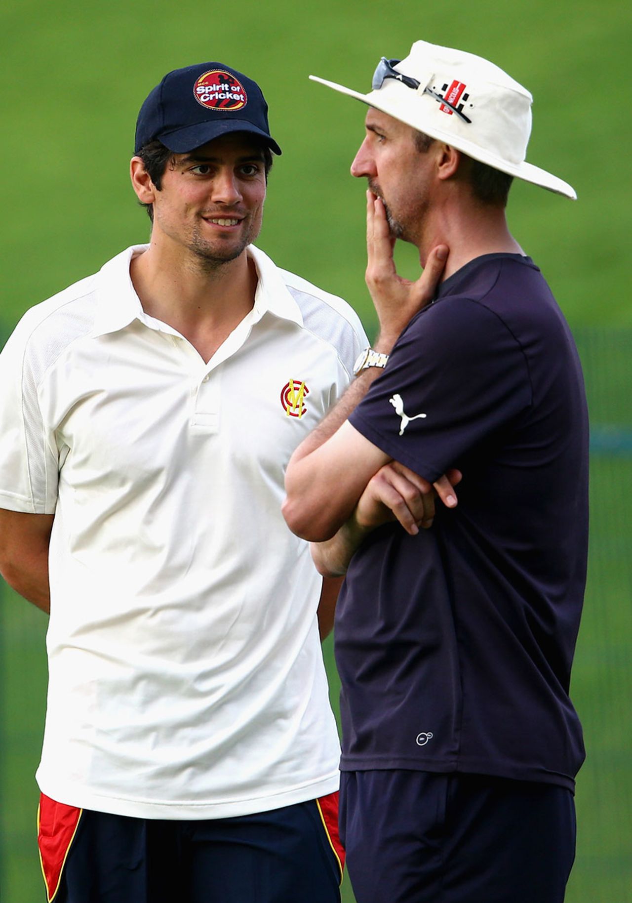 Image of the future? Alastair Cook chats with Yorkshire coach Jason Gillespie, MCC v Champion County, Abu Dhabi, 3rd day, March 24, 2015