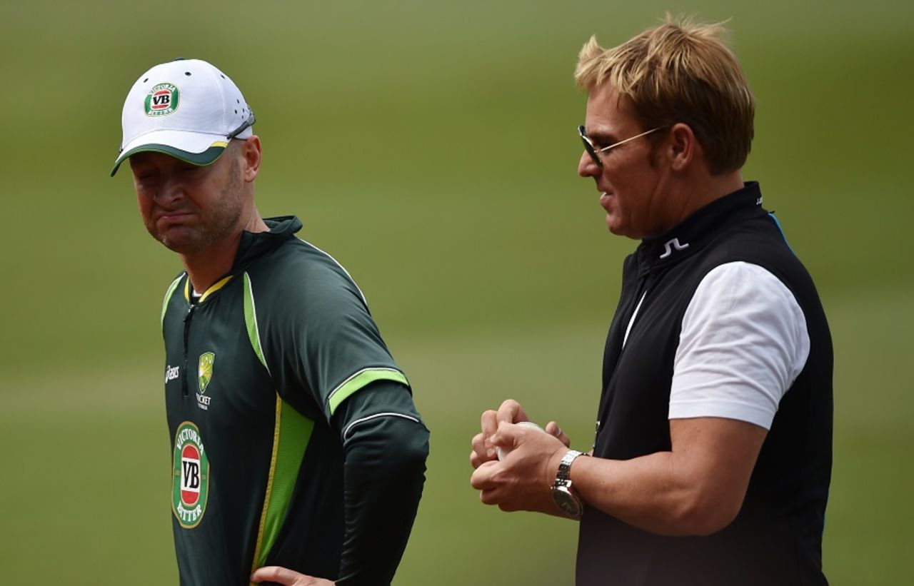 Michael Clarke with his mentor Shane Warne during practice, World Cup 2015, Sydney, March 25, 2015