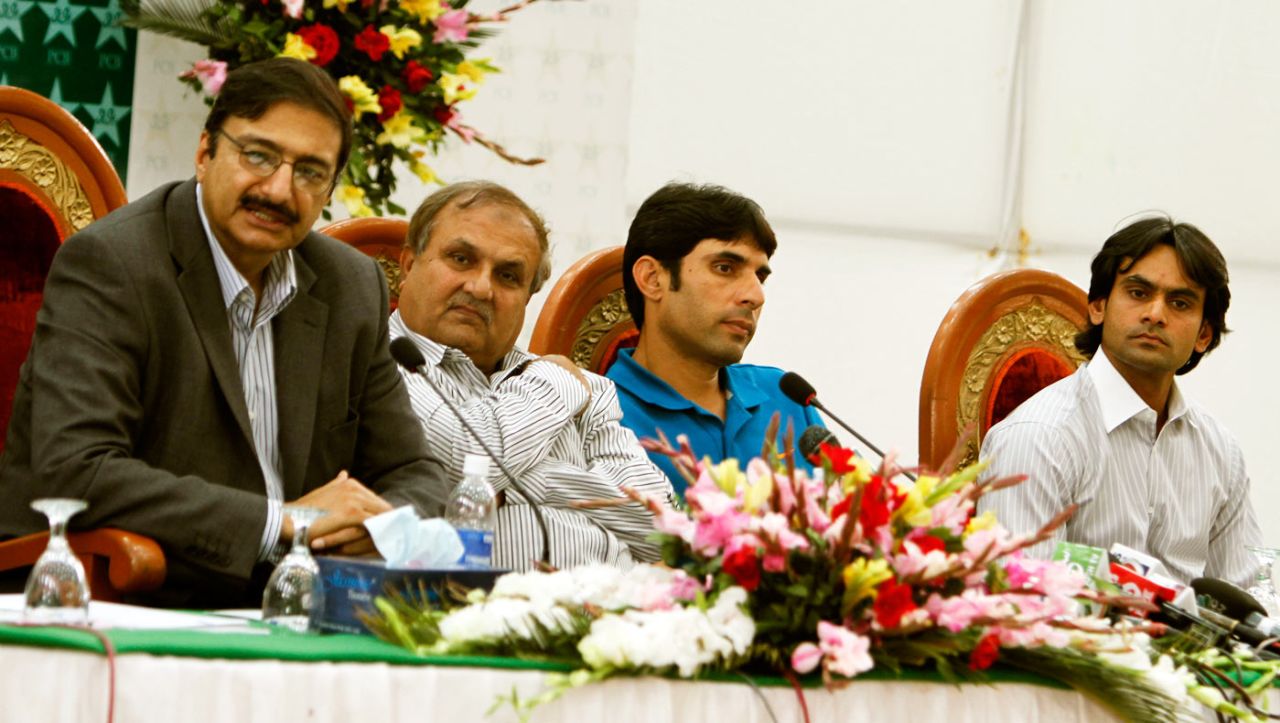 PCB chairman Zaka Ashraf addresses a press conference with the new chief selector Iqbal Qasim and Misbah-ul-Haq and Mohammad Hafeez, Lahore, May 10, 2012