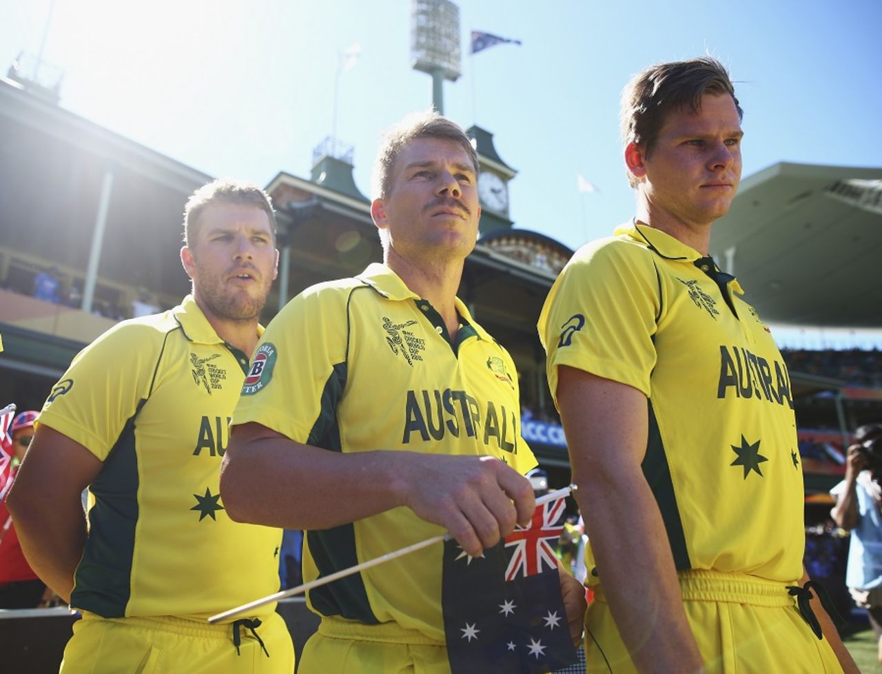 David Warner, Aaron Finch and Steven Smith walk out for the national anthems, Australia v India, World Cup 2015, 2nd semi-final, Sydney, March 26, 2015
