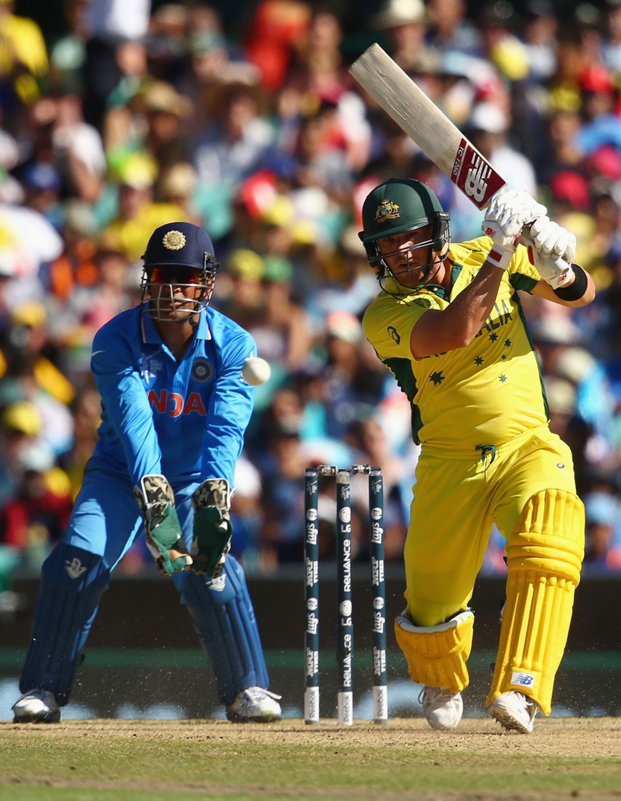Aaron Finch hits down the ground, Australia v India, World Cup 2015, 2nd semi-final, Sydney, March 26, 2015