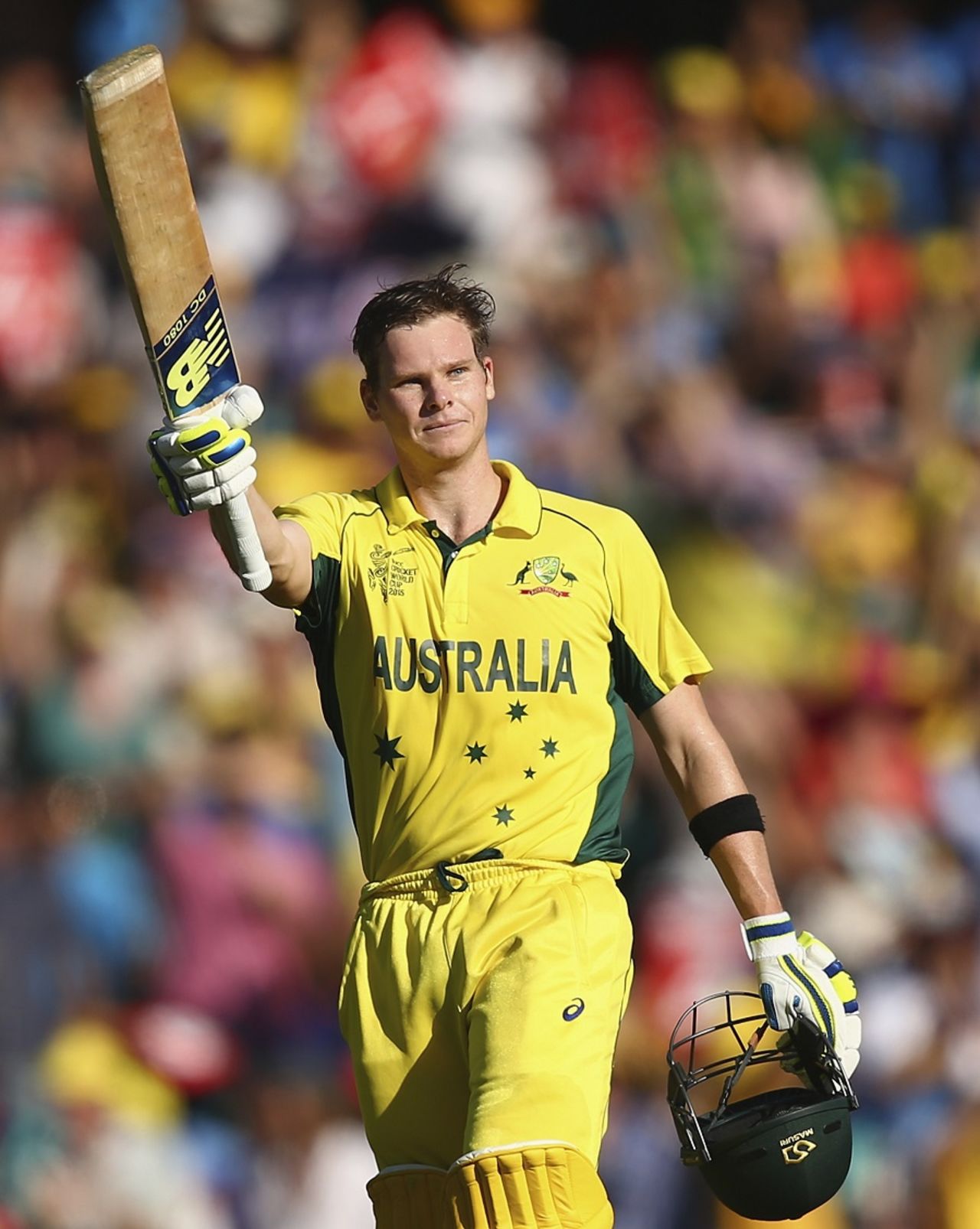 Steven Smith raises his bat after reaching a century, Australia v India, World Cup 2015, 2nd semi-final, Sydney, March 26, 2015