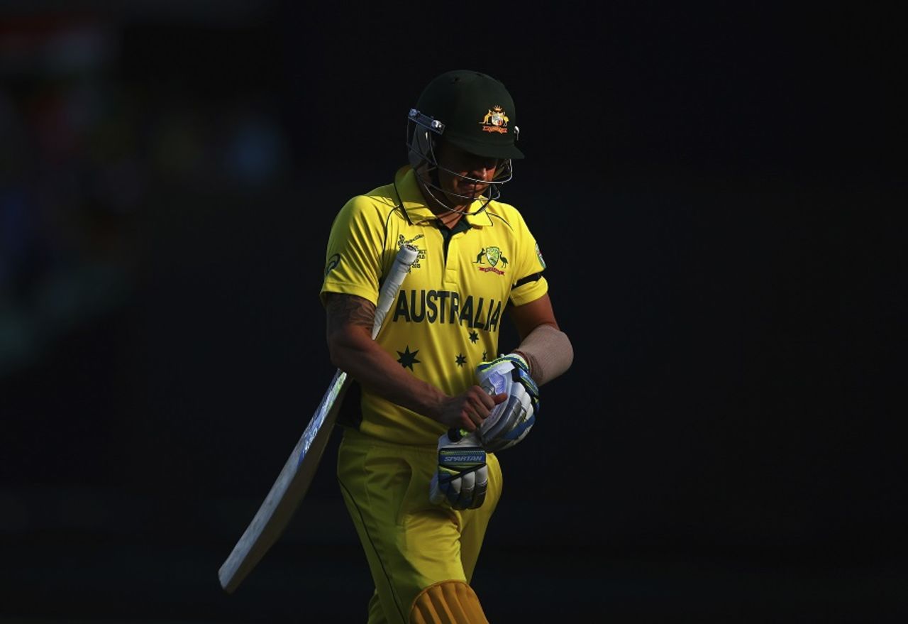 A disappointed Michael Clarke walks off after picking out midwicket, Australia v India, World Cup 2015, 2nd semi-final, Sydney, March 26, 2015