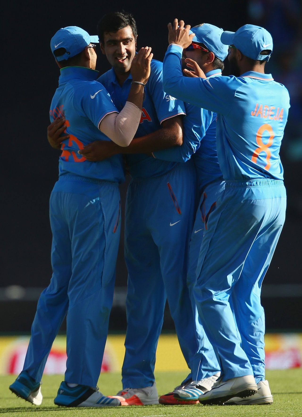 R Ashwin is congratulated on the wicket of Glenn Maxwell, Australia v India, World Cup 2015, 2nd semi-final, Sydney, March 26, 2015