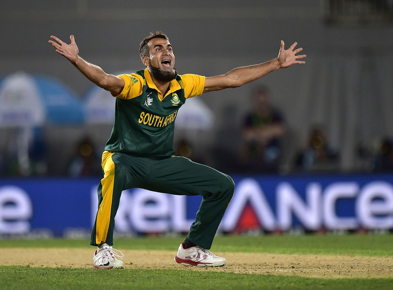 Imran Tahir appeals for a wicket, New Zealand v South Africa, World Cup 2015, 1st semi-final, Auckland, March 24, 2015