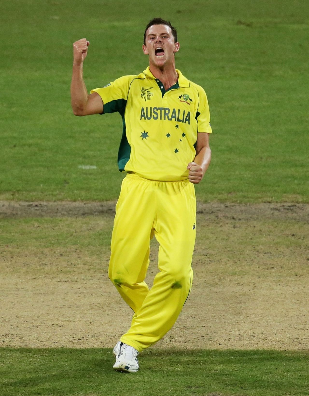 Josh Hazlewood is pumped after dismissing Shikhar Dhawan, Australia v India, World Cup 2015, 2nd semi-final, Sydney, March 26, 2015