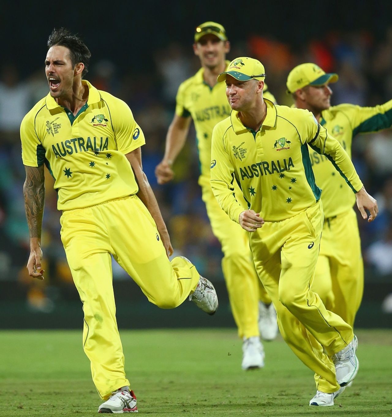 Can't stop me: Mitchell Johnson sets off after bouncing out Virat Kohli, Australia v India, World Cup 2015, 2nd semi-final, Sydney, March 26, 2015