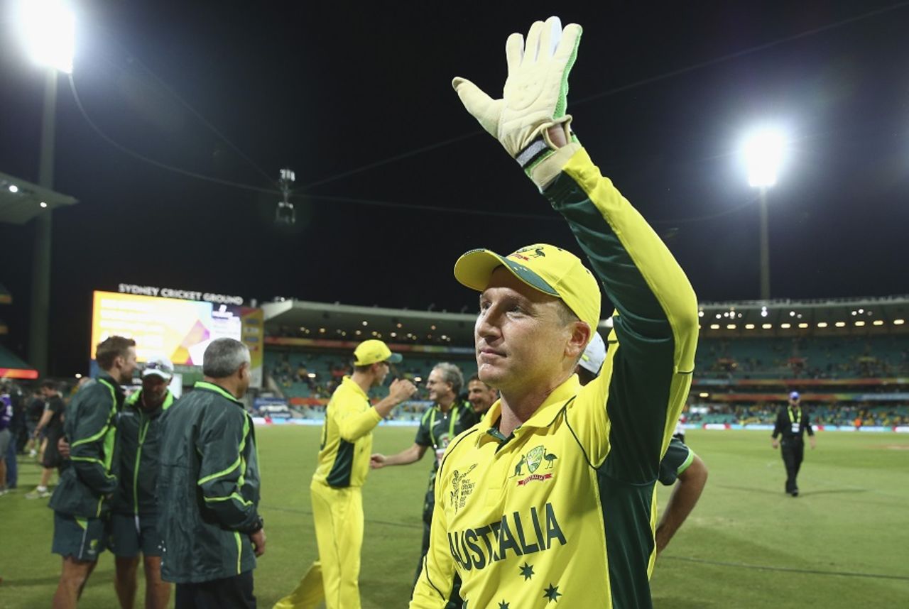 Brad Haddin salutes the crowd after his team's 95-run win, Australia v India, World Cup 2015, 2nd semi-final, Sydney, March 26, 2015