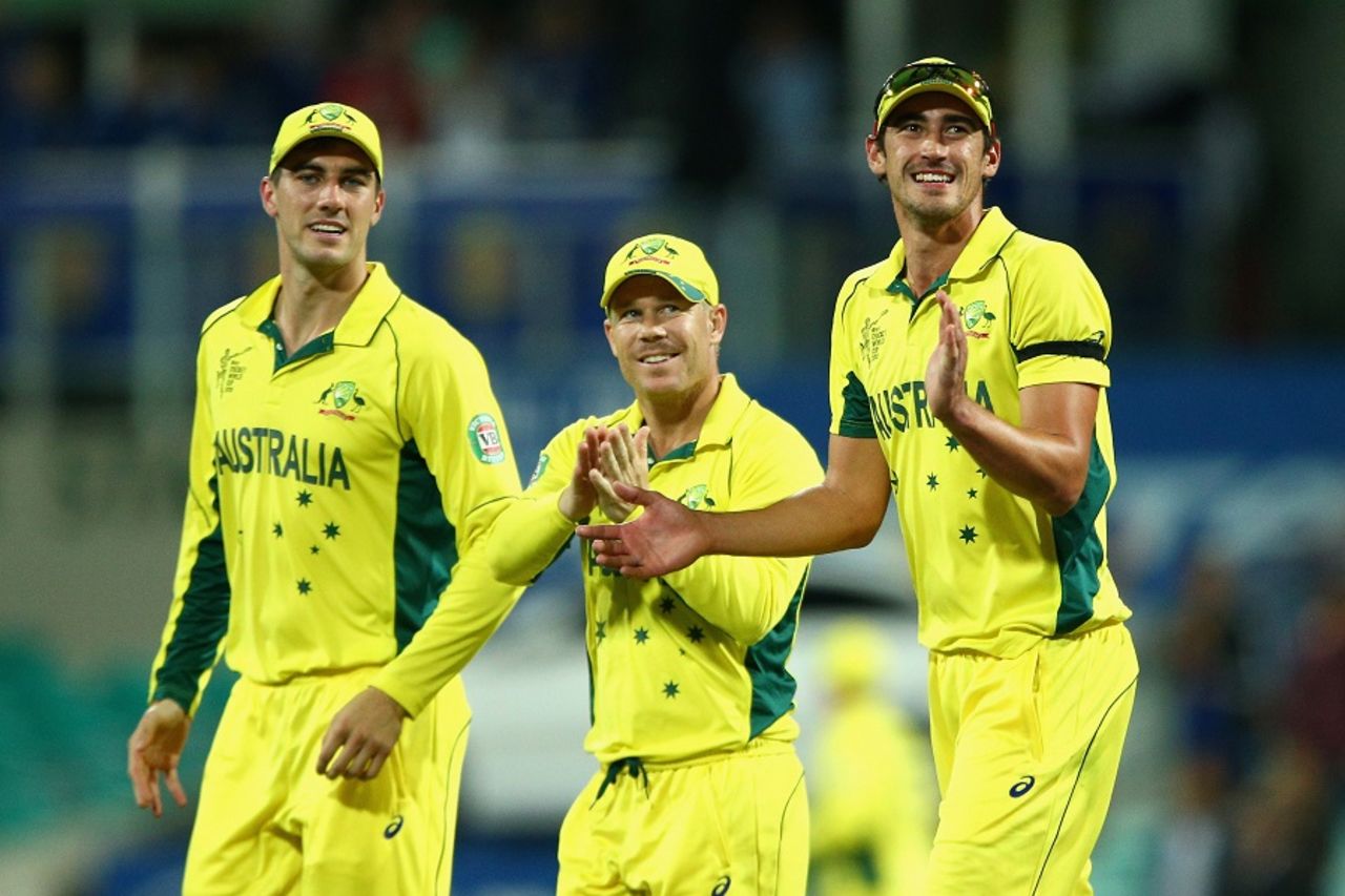Pat Cummins, David Warner and Mitchell Starc thank the crowd, Australia v India, World Cup 2015, 2nd semi-final, Sydney, March 26, 2015