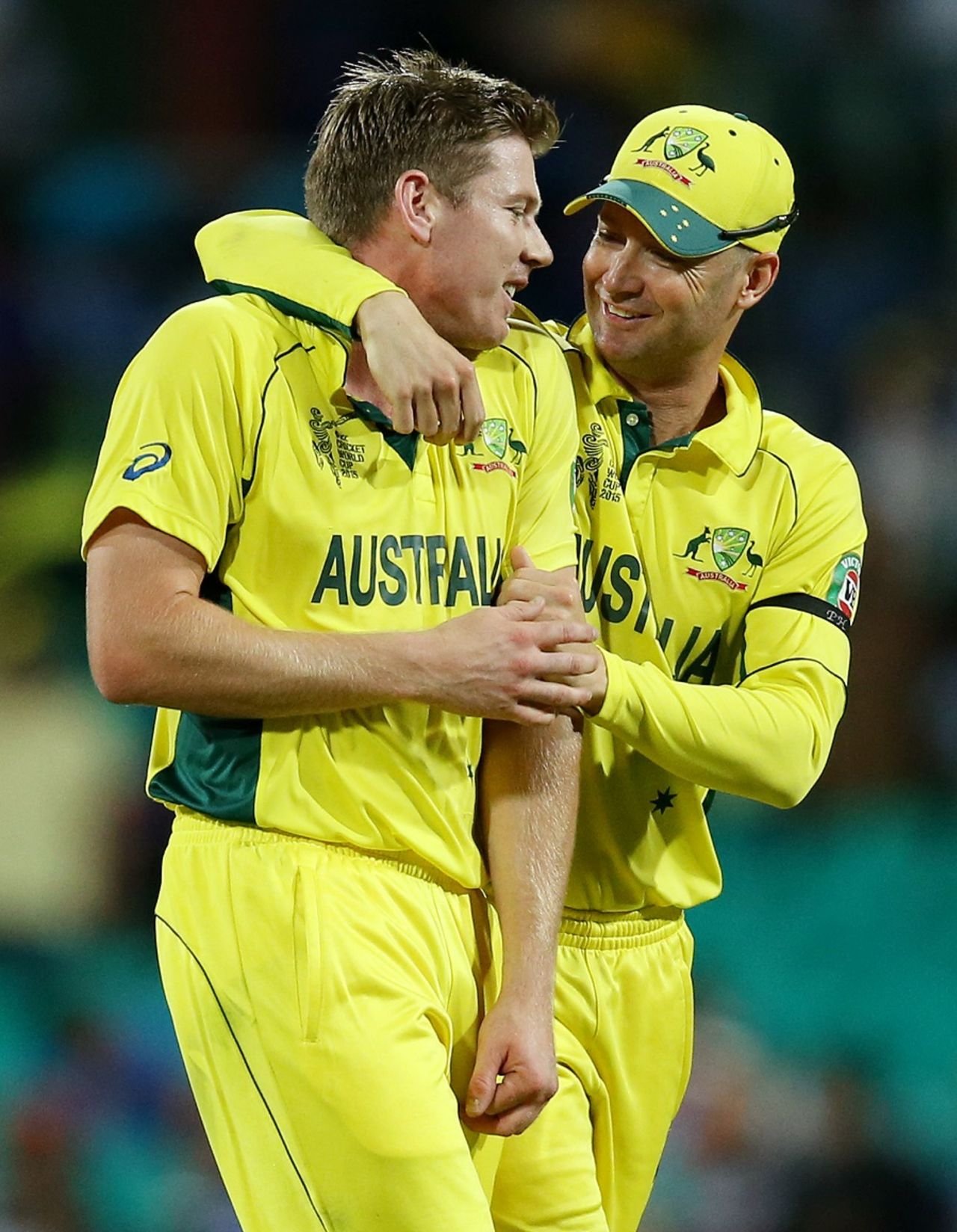 Michael Clarke embraces James Faulkner, Australia v India, World Cup 2015, 2nd semi-final, Sydney, March 26, 2015