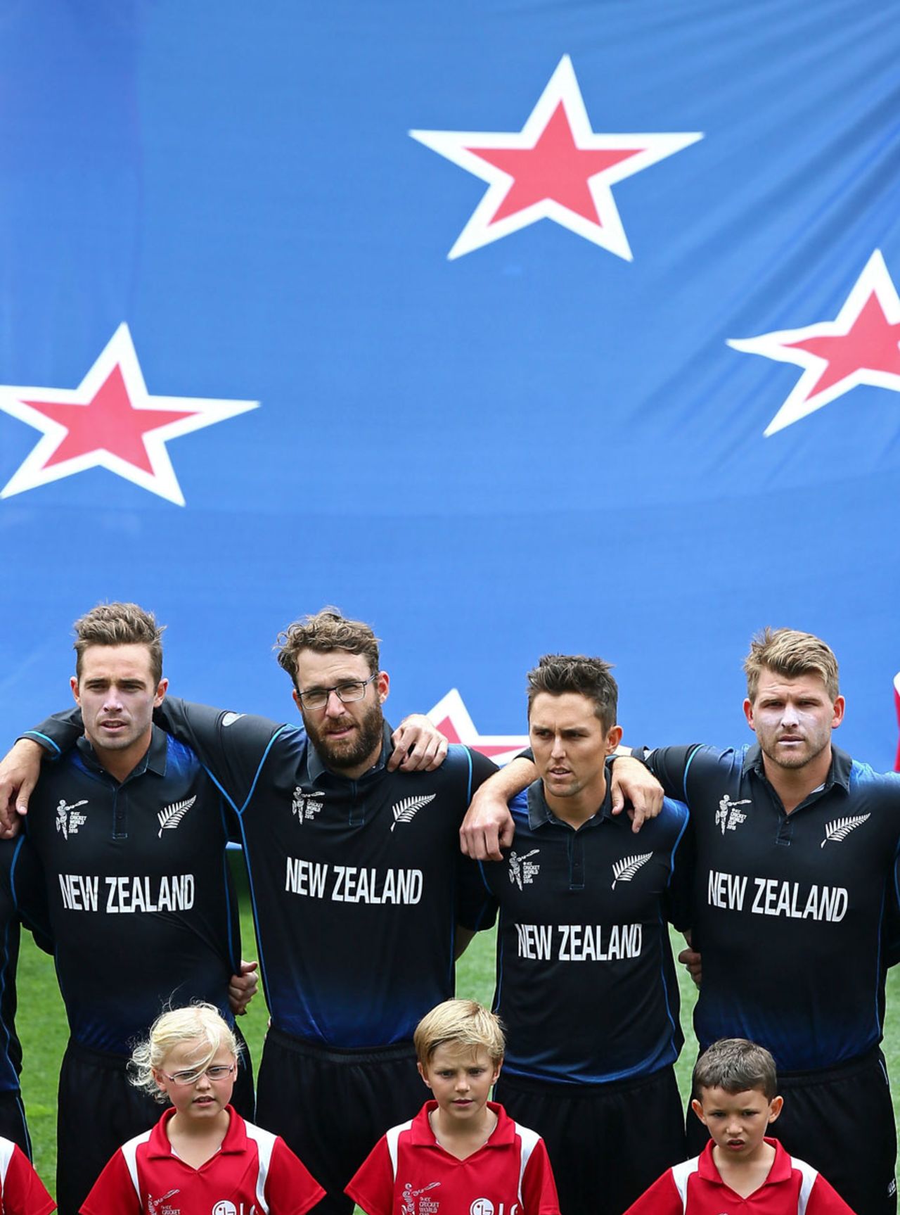 Tim Southee, Daniel Vettori, Trent Boult and Corey Anderson before the start of the game, New Zealand v South Africa, World Cup 2015, 1st Semi-Final, Auckland, March 24, 2015