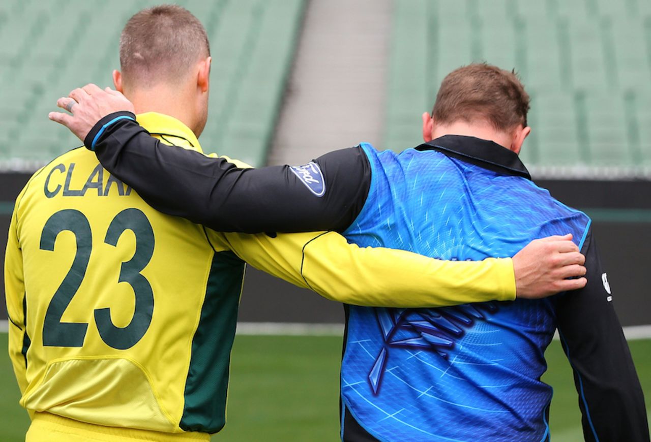 Michael Clarke and Brendon McCullum wish each other the best before the big final, World Cup 2015, Melbourne, March 28, 2015