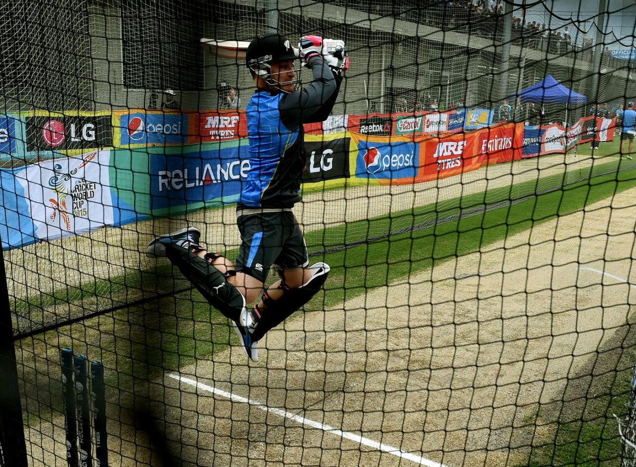 Brendon McCullum goes air borne in the nets, World Cup 2015, Melbourne, March 28, 2015