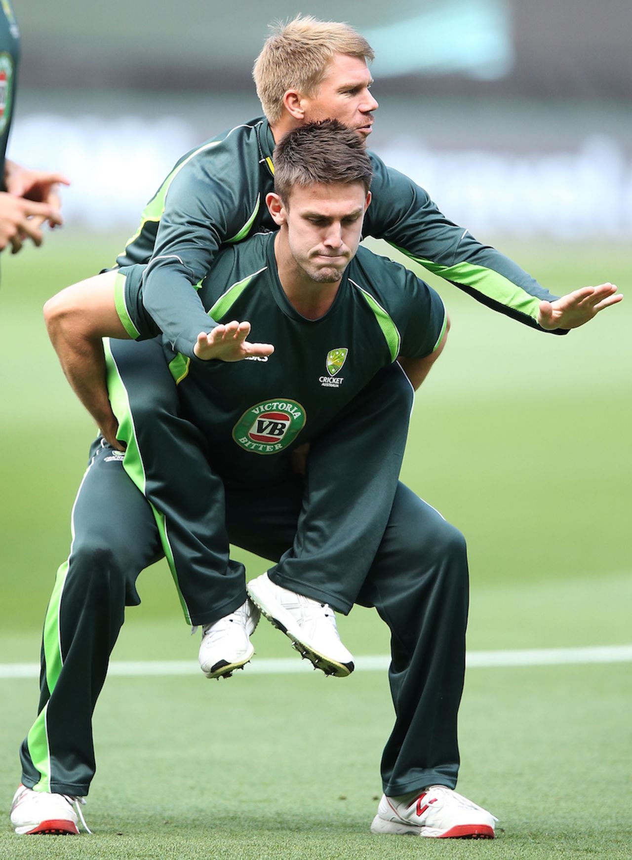 I got your back: David Warner gets a piggy back from Mitchell Marsh, World Cup 2015, Melbourne, March 28, 2015