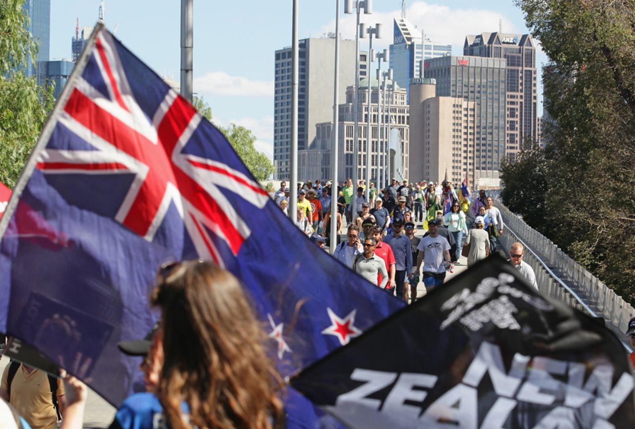 New Zealand fans make their way to the MCG, ahead of the World Cup final, Australia v New Zealand, World Cup 2015, final, Melbourne, March 29, 2015