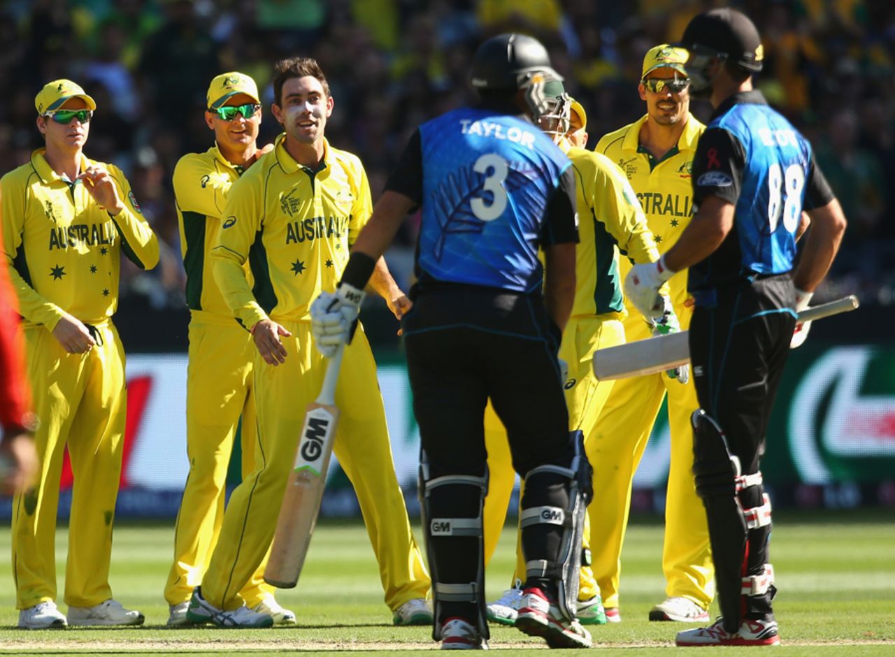 The Australians open up communication lines with Ross Taylor and Grant Elliott, Australia v New Zealand, World Cup 2015, final, Melbourne, March 29, 2015