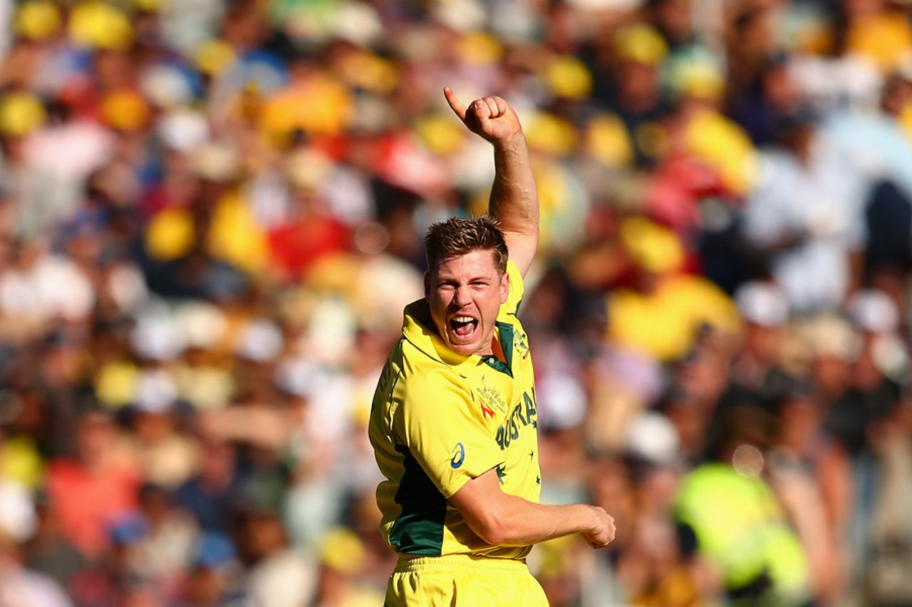James Faulkner is pumped up after getting Ross Taylor, Australia v New Zealand, World Cup 2015, final, Melbourne, March 29, 2015
