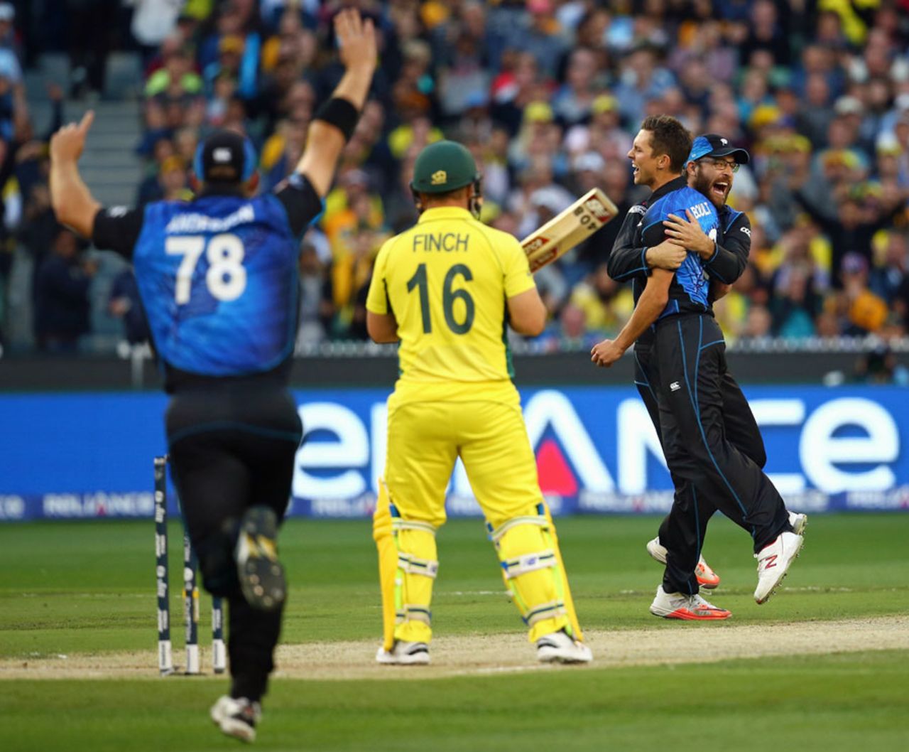 Trent Boult celebrates after dismissing Aaron Finch for a duck, Australia v New Zealand, World Cup 2015, final, Melbourne, March 29, 2015