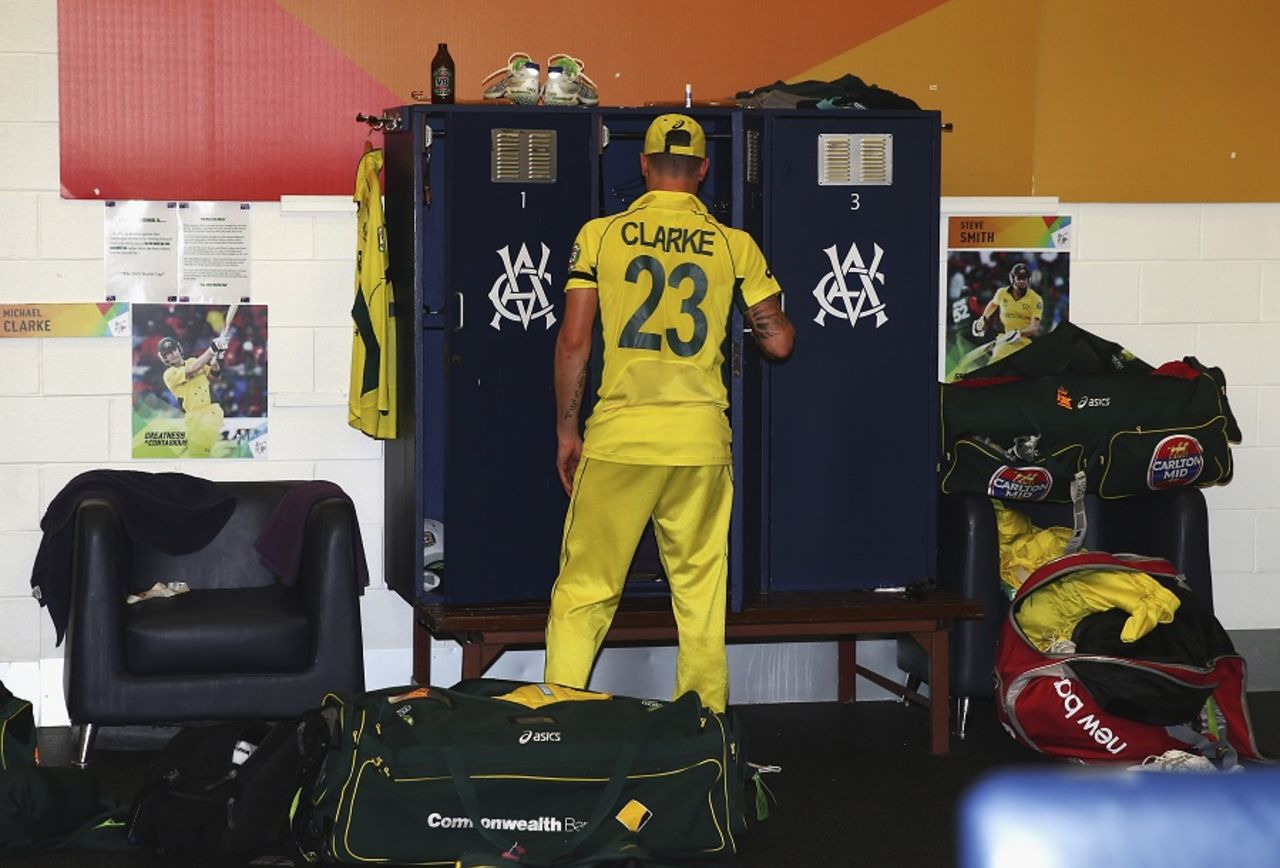 No looking back: Michael Clarke packs his gear for the last time in ODIs, Australia v New Zealand, World Cup 2015, final, Melbourne, March 29, 2015