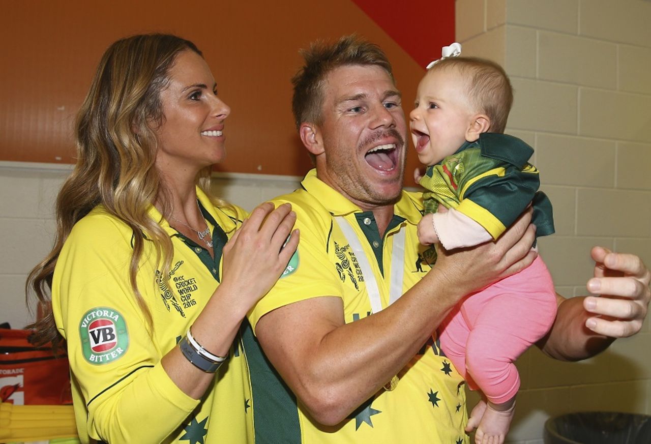 David Warner celebrates with fiancée Candice Falzon and daughter Ivy Mae, Australia v New Zealand, World Cup 2015, final, Melbourne, March 29, 2015 