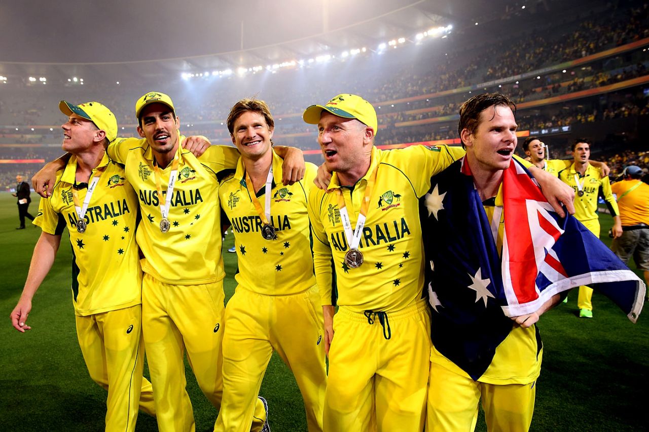 James Faulkner, Mitchell Johnson, Shane Watson, Brad Haddin and Steven Smith relish the victory, Australia v New Zealand, World Cup 2015, final, Melbourne, March 29, 2015