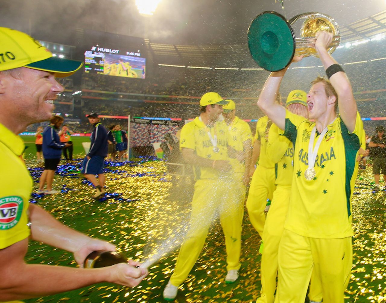 Smith gone wild: David Warner sprays champagne on teammates  ,  Australia v New Zealand, World Cup 2015, final, Melbourne, March 29, 2015