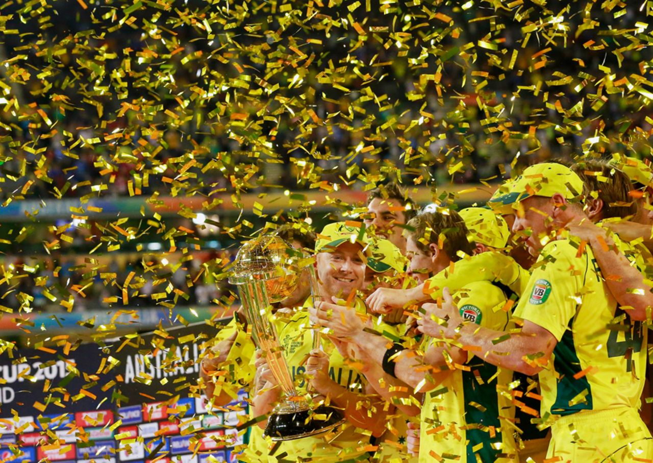 Michael Clarke face reflects the glow of the trophy,  Australia v New Zealand, World Cup 2015, final, Melbourne, March 29, 2015