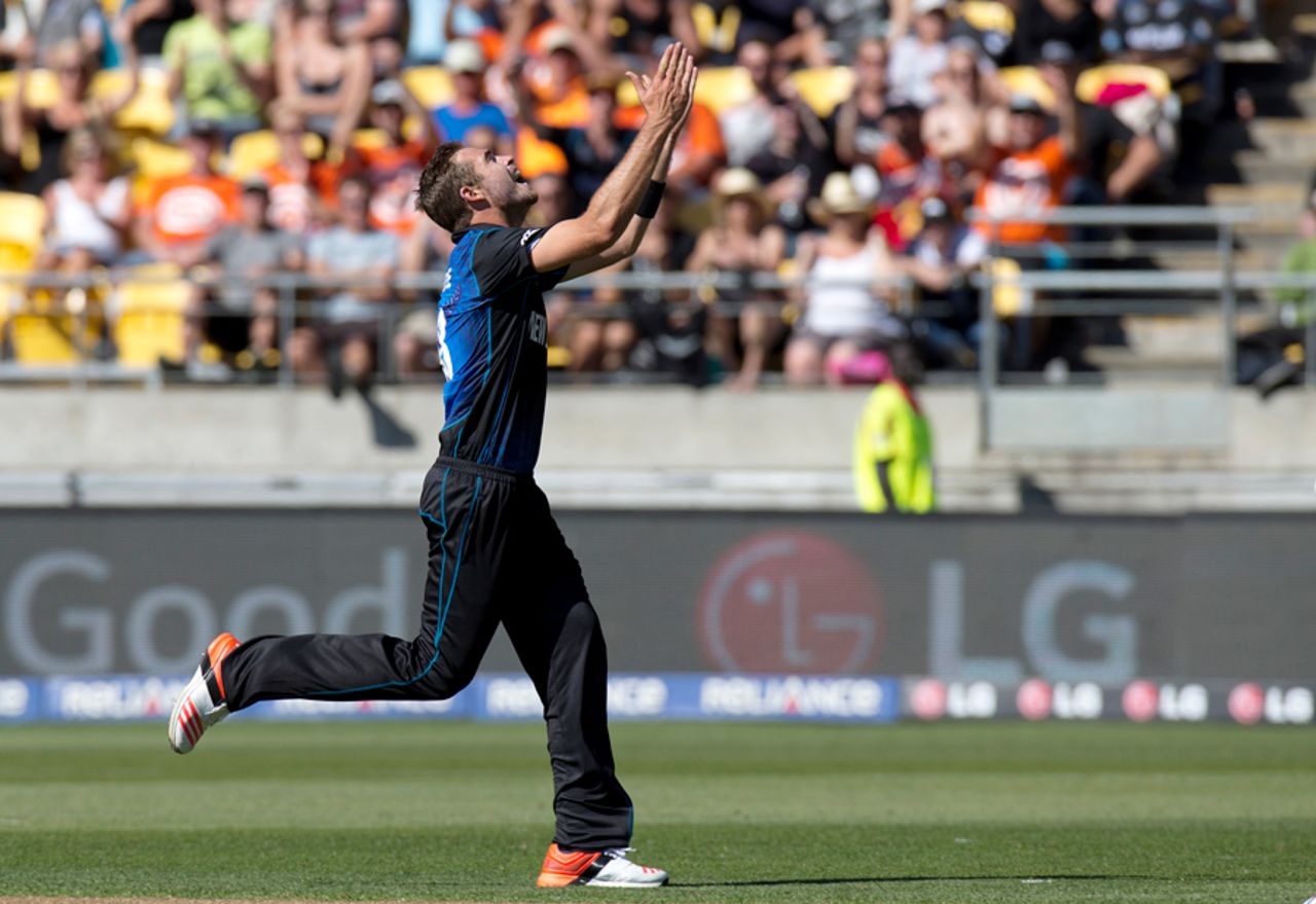 Tim Southee's exults after his seventh scalp, New Zealand v England, World Cup 2015, Group A, Wellington, February 20, 2015