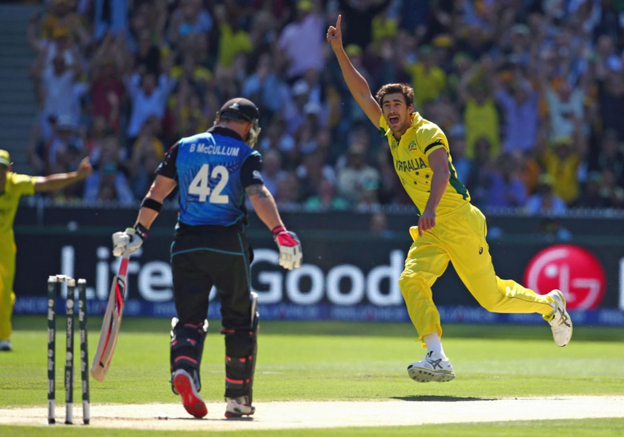Mitchell Starc takes off after bowling Brendon McCullum, Australia v New Zealand, World Cup 2015, final, Melbourne, March 29, 2015