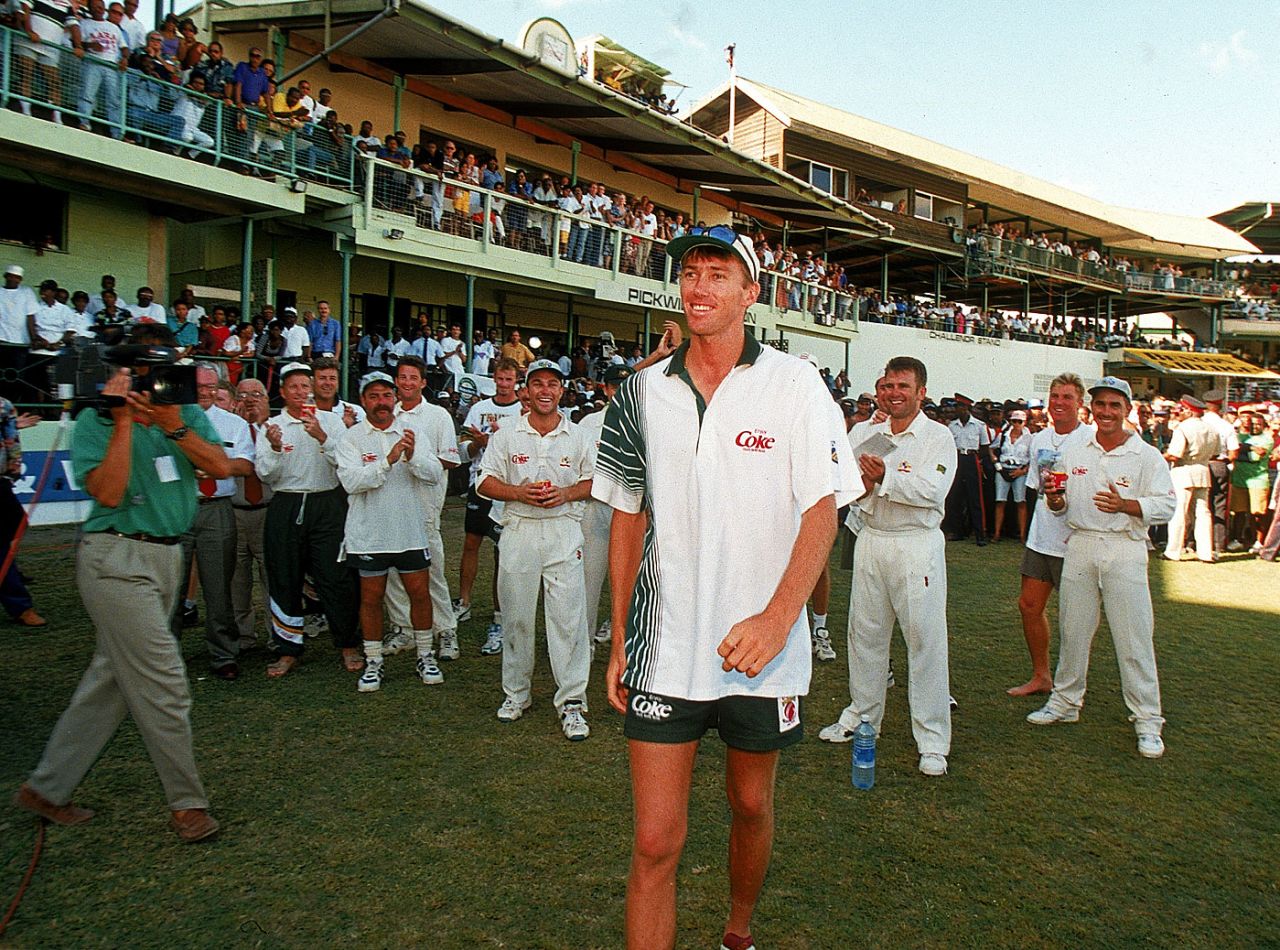 Man of the Match Glenn McGrath soaks up the attention, West Indies v Australia, 1st Test, Barbados, 3rd day, April 2, 1995