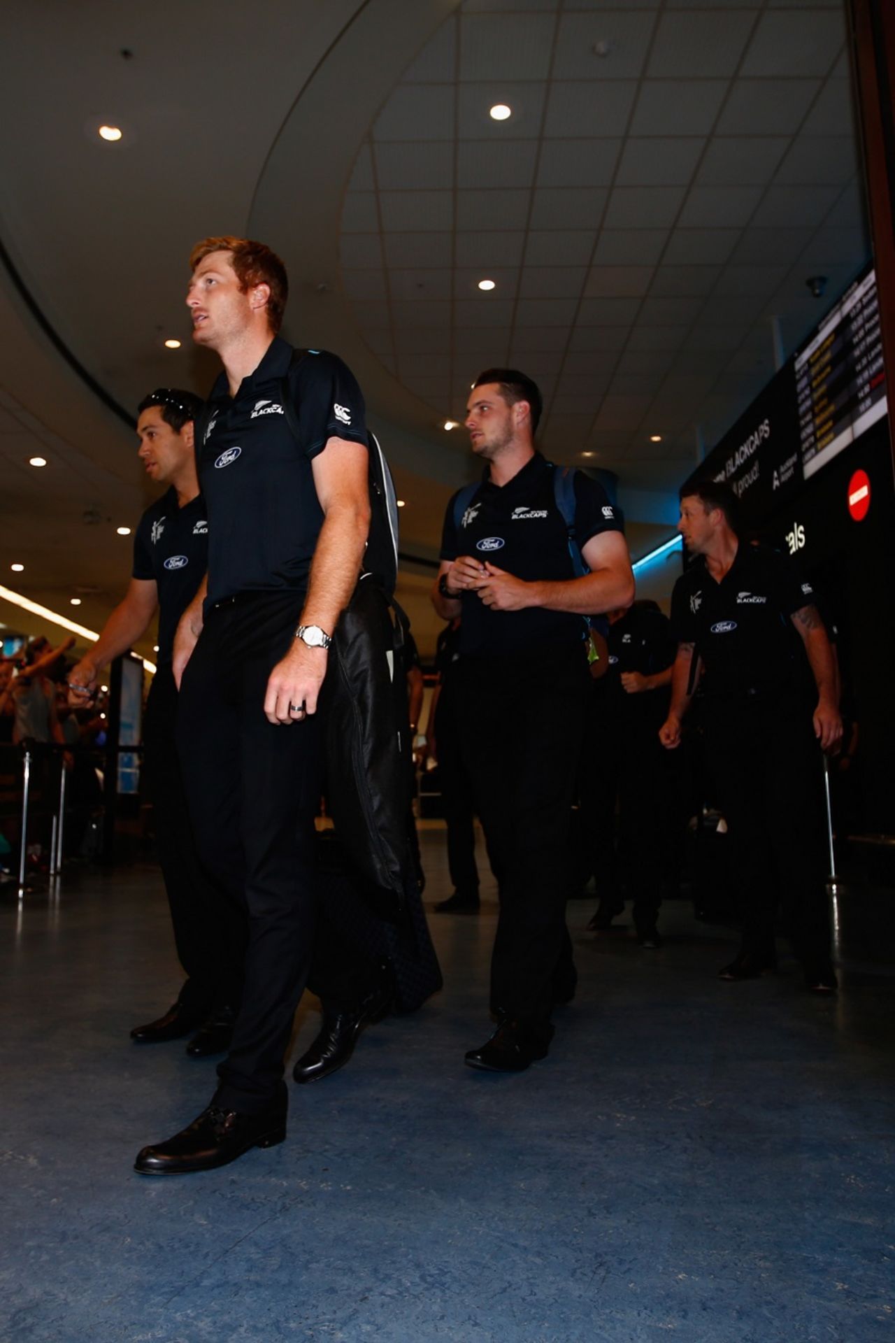 The troops are back: Martin Guptill, Ross Taylor, Mitchell McClenaghan and Luke Ronchi arrive home, Auckland, January 31, 2015