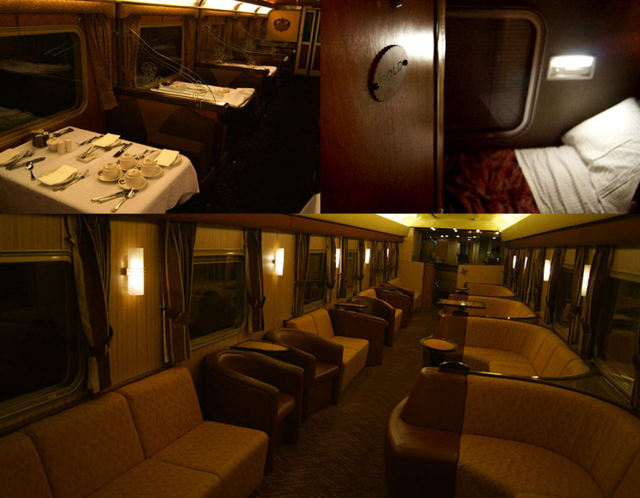 Composite: (Clockwise from top left) The Queen Adelaide dining car; the Gold cabin; and the Outback Explorer lounge car on the Ghan, Australia, February 2015