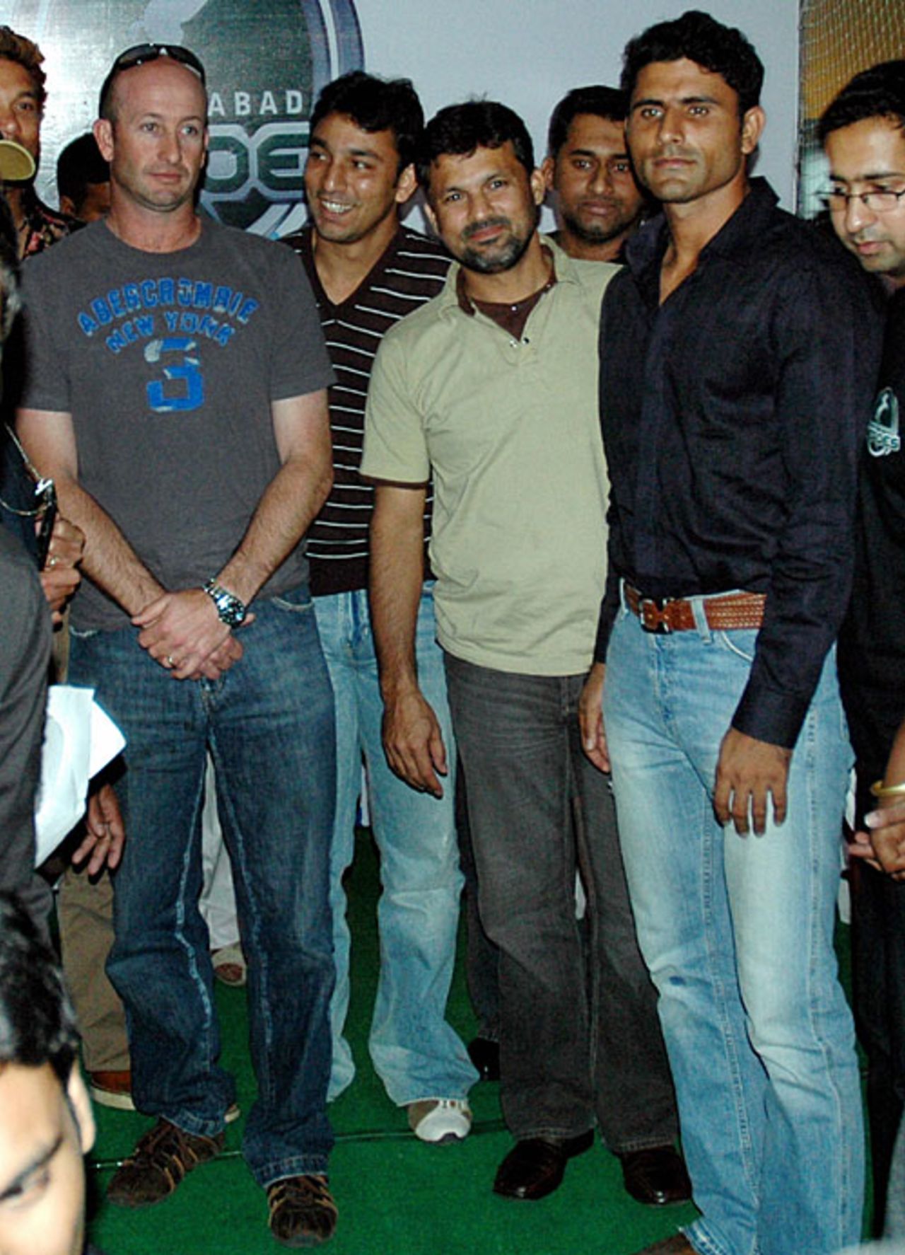 Indian Cricket League players Chris Harris, Azhar Mahmood, Moin Khan and Abdul Razzaq pose at an event in Hyderabad. The ICL players are in the city for a ten-day camp ahead of the tournament commencing in Chandigarh from 30 November, Hyderabad, November 18, 2007