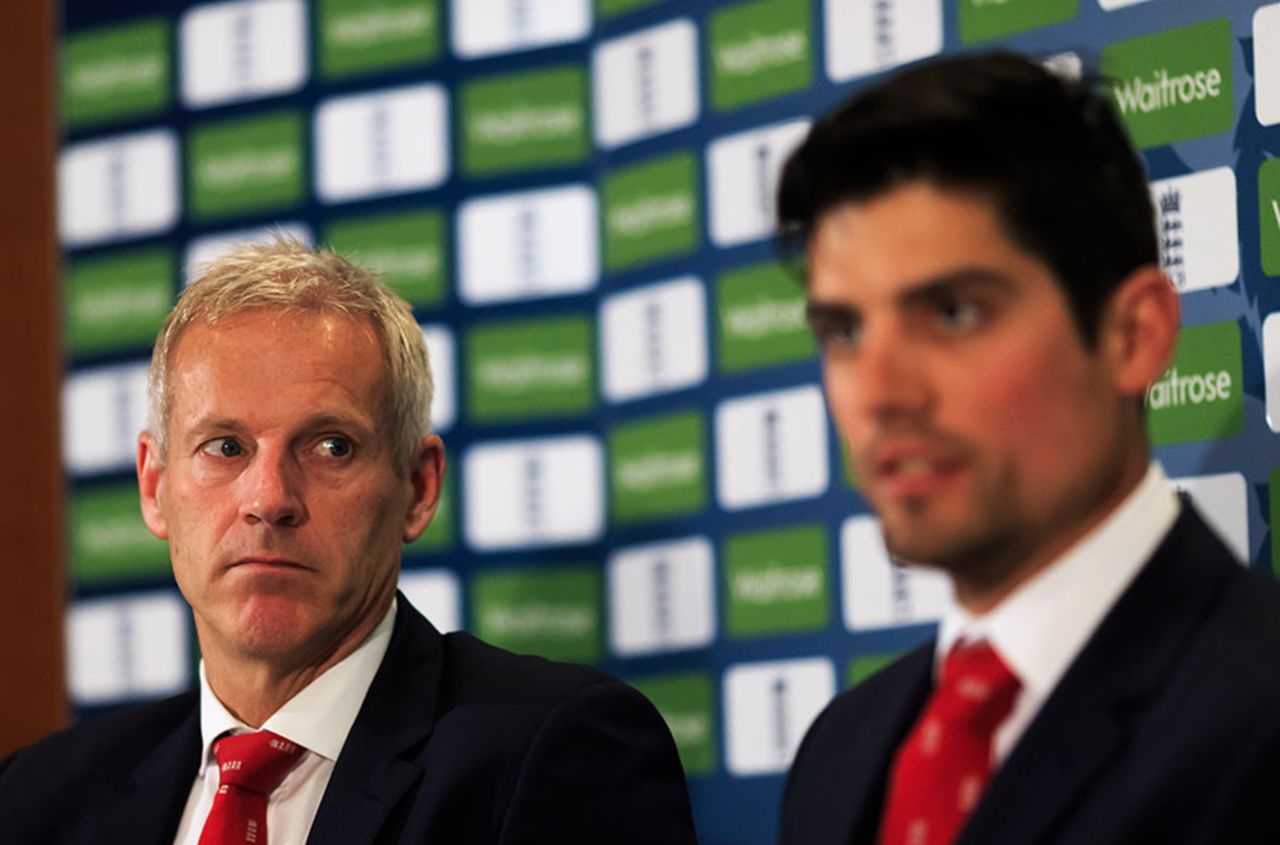 Peter Moores and Alastair Cook are under pressure as England head to the West Indies, Gatwick, April 2, 2015