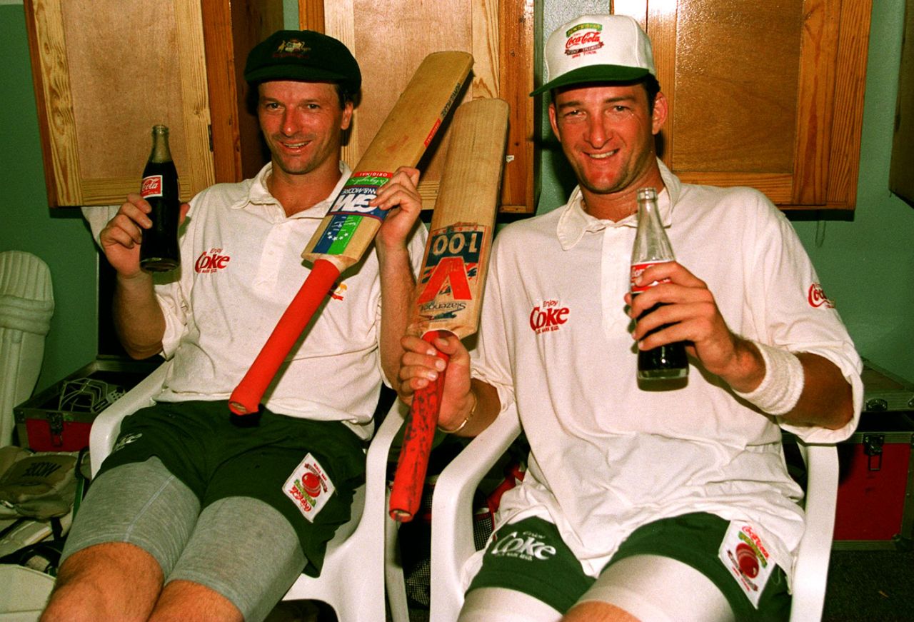 Steve Waugh and Mark Waugh relax in the dressing room after their hundreds, West Indies v Australia, 4th Test, 2nd day, Kingston, April 30, 1995