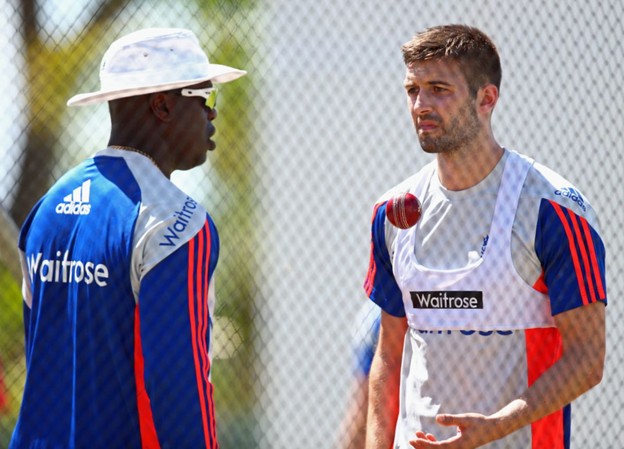England fast-bowling coach Ottis Gibson with pacer Mark Wood during a training session, St Kitts, April 5, 2015