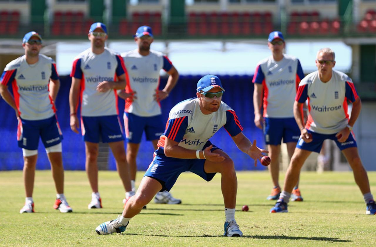 Ian Bell takes part in a catching drill during England's practice session, St Kitts, April 5, 2015
