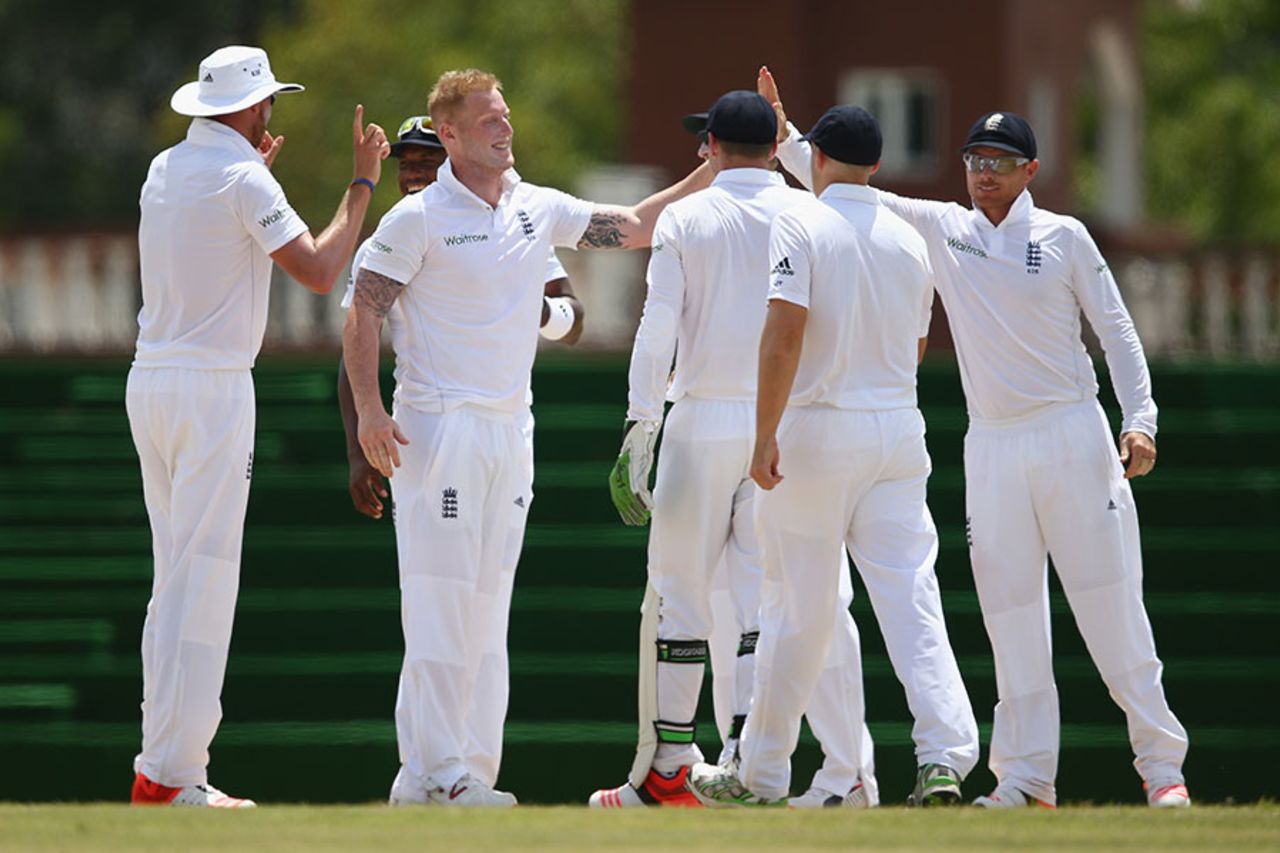 Ben Stokes takes the high fives for his wickets, St Kitts Invitiational XI v England XI, Basseterre, 1st day, April 6, 2015