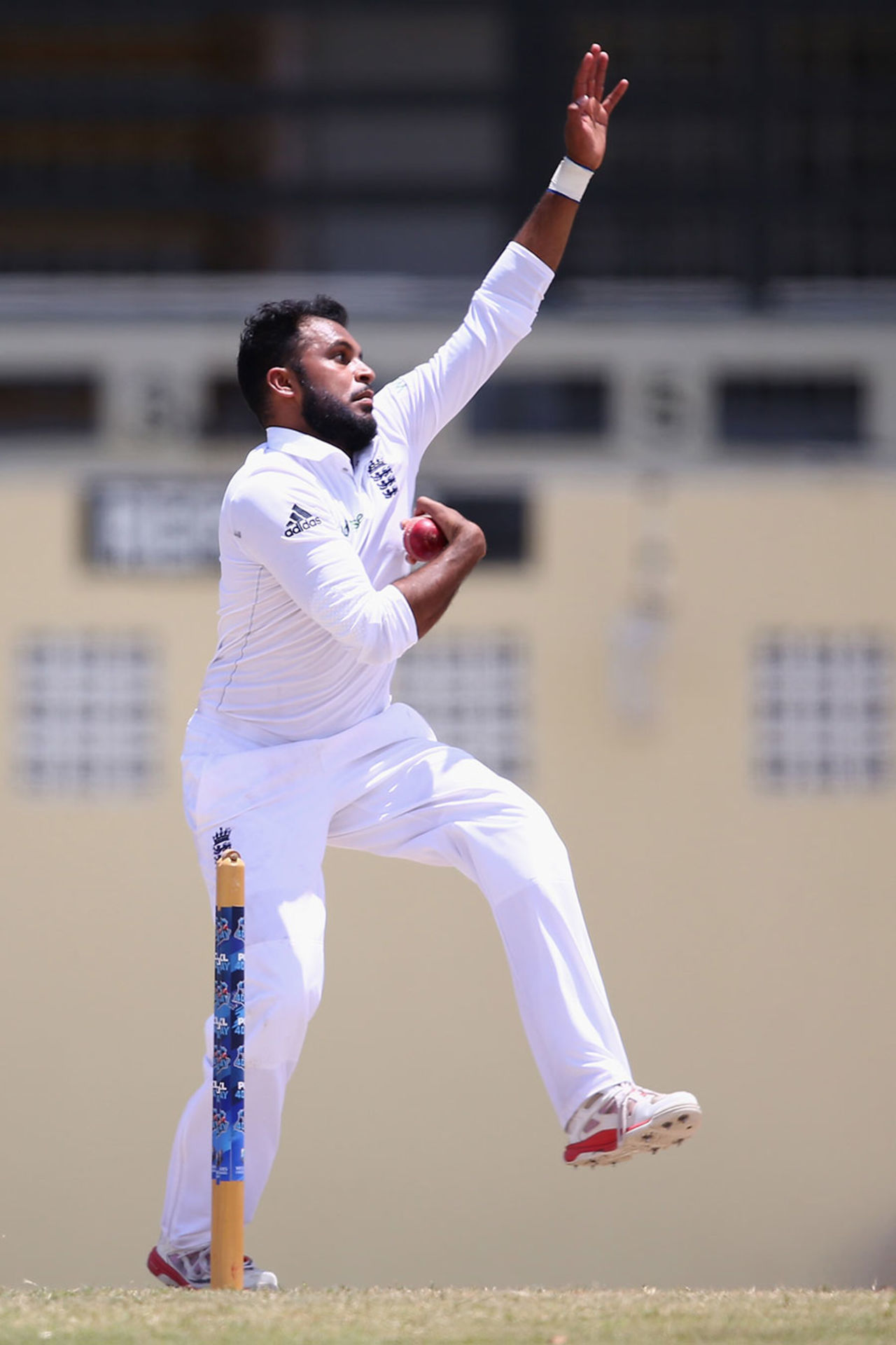 Adil Rashid took a wicket with a googly, St Kitts Invitiational XI v England XI, Basseterre, 1st day, April 6, 2015