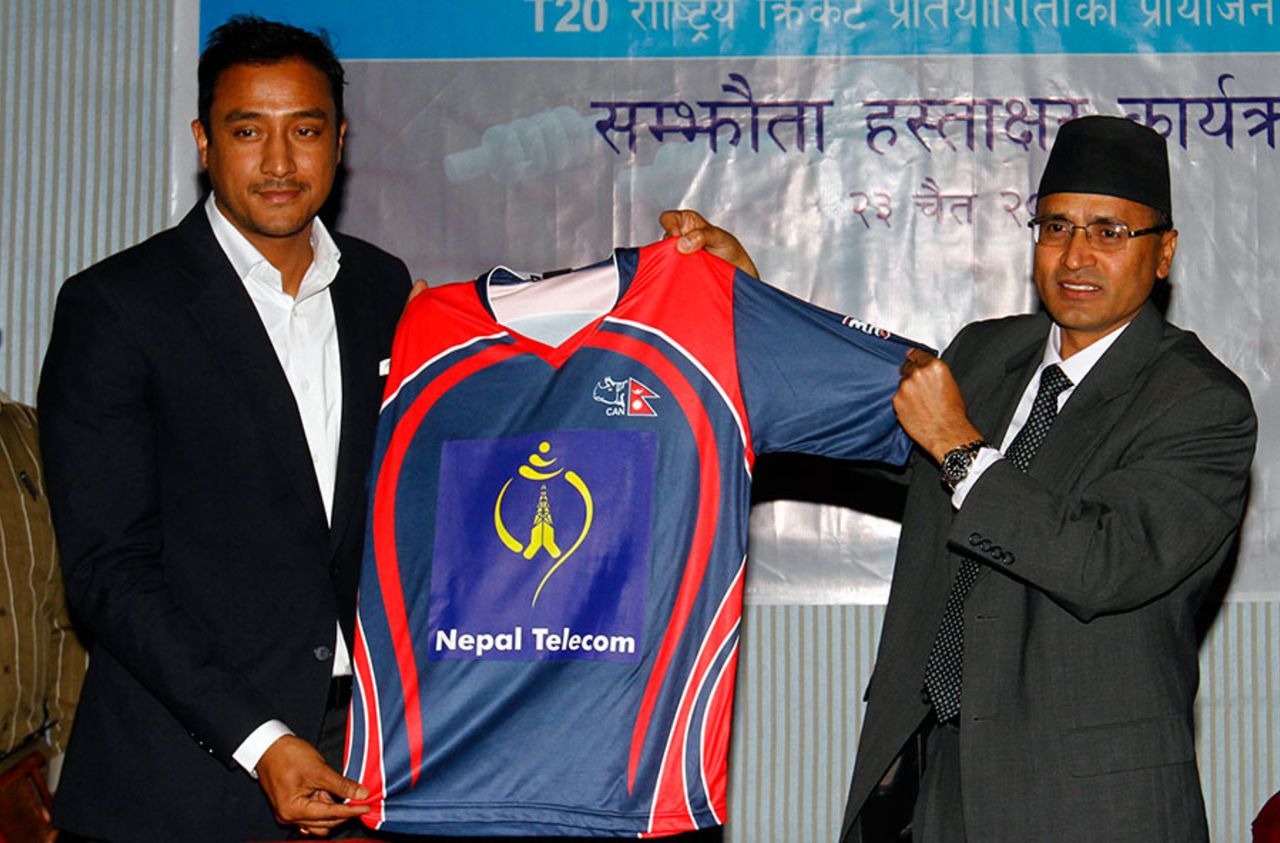 Paras Khadka (left) at the unveiling ceremony of the new Nepal jersey