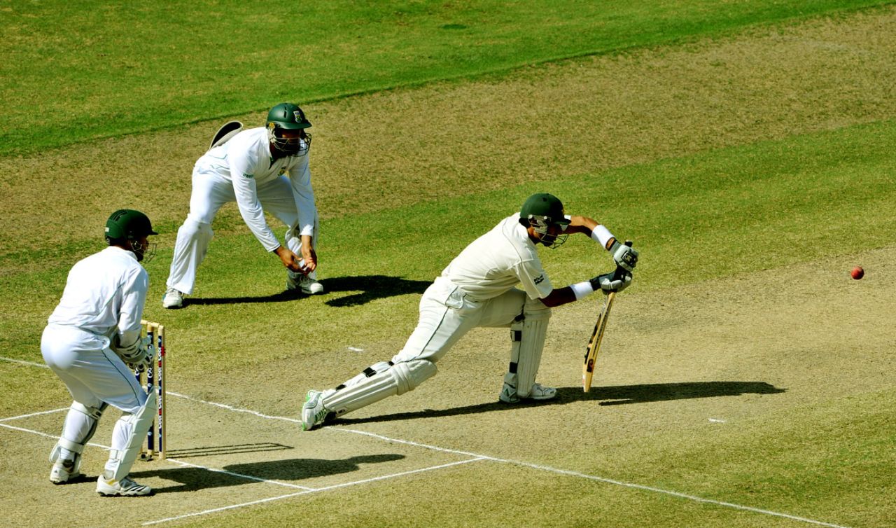 Misbah-ul-Haq plays a defensive shot, Pakistan v South Africa, 1st Test, Dubai, November 16, 2010