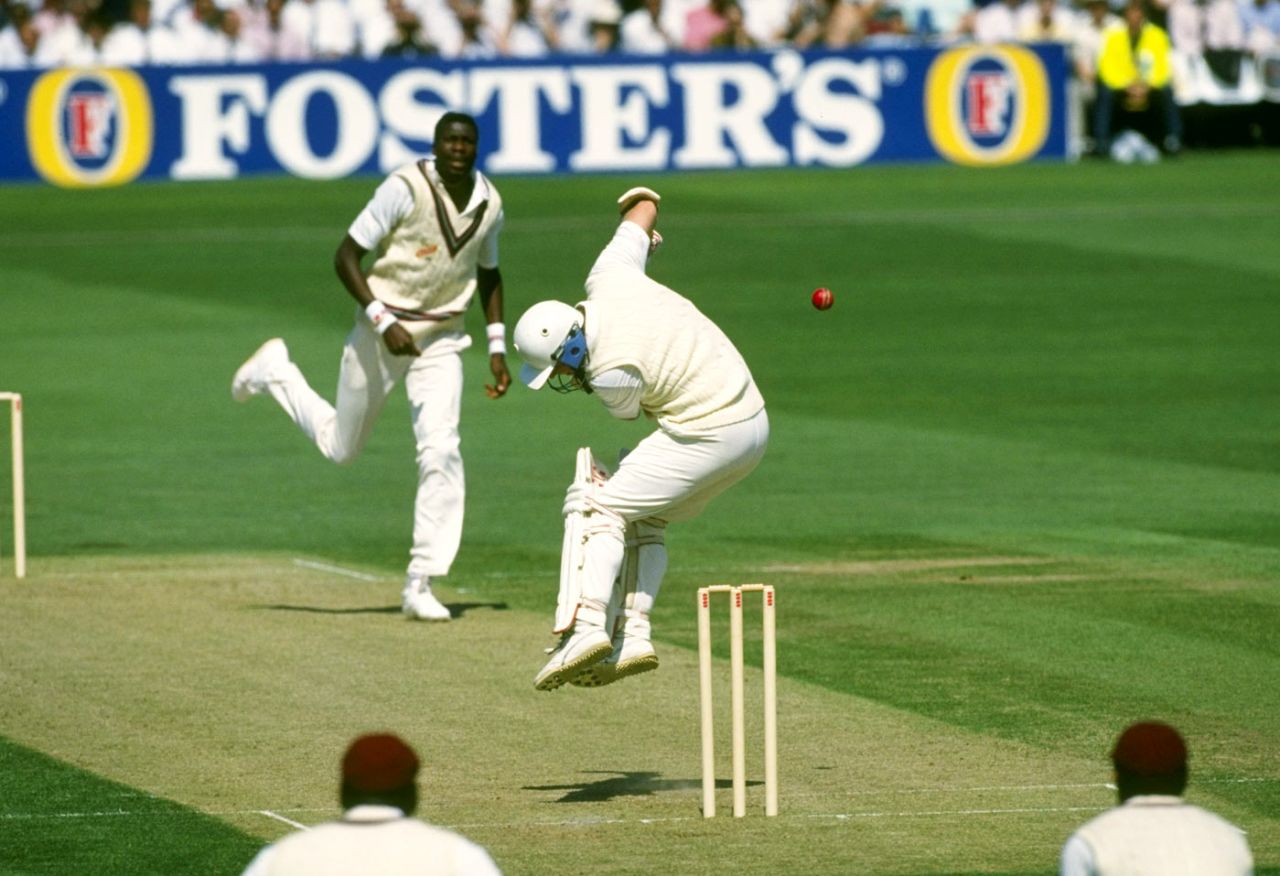Hugh Morris tries to avoid a bouncer from Curtly Ambrose, England v West Indies, 5th Test, The Oval, 1st day, August 8, 1991