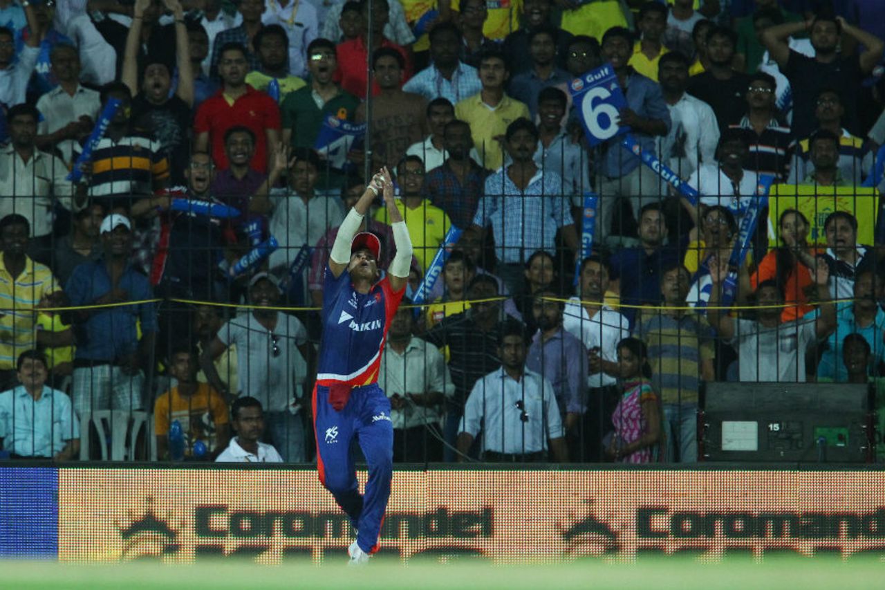 Shreyas Iyer holds on to a catch in the deep, Chennai Super Kings v Delhi Daredevils, IPL 2015, Chennai, April 9, 2015