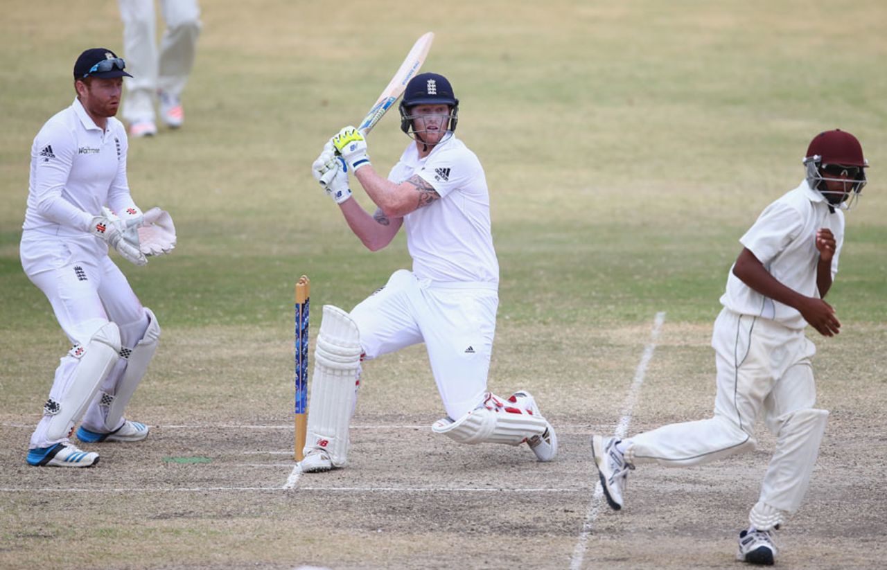 Ben Stokes swivels to pull, St Kitts Invitational XI v England XI, Basseterre, Tour match, 2nd day, April 9, 2015