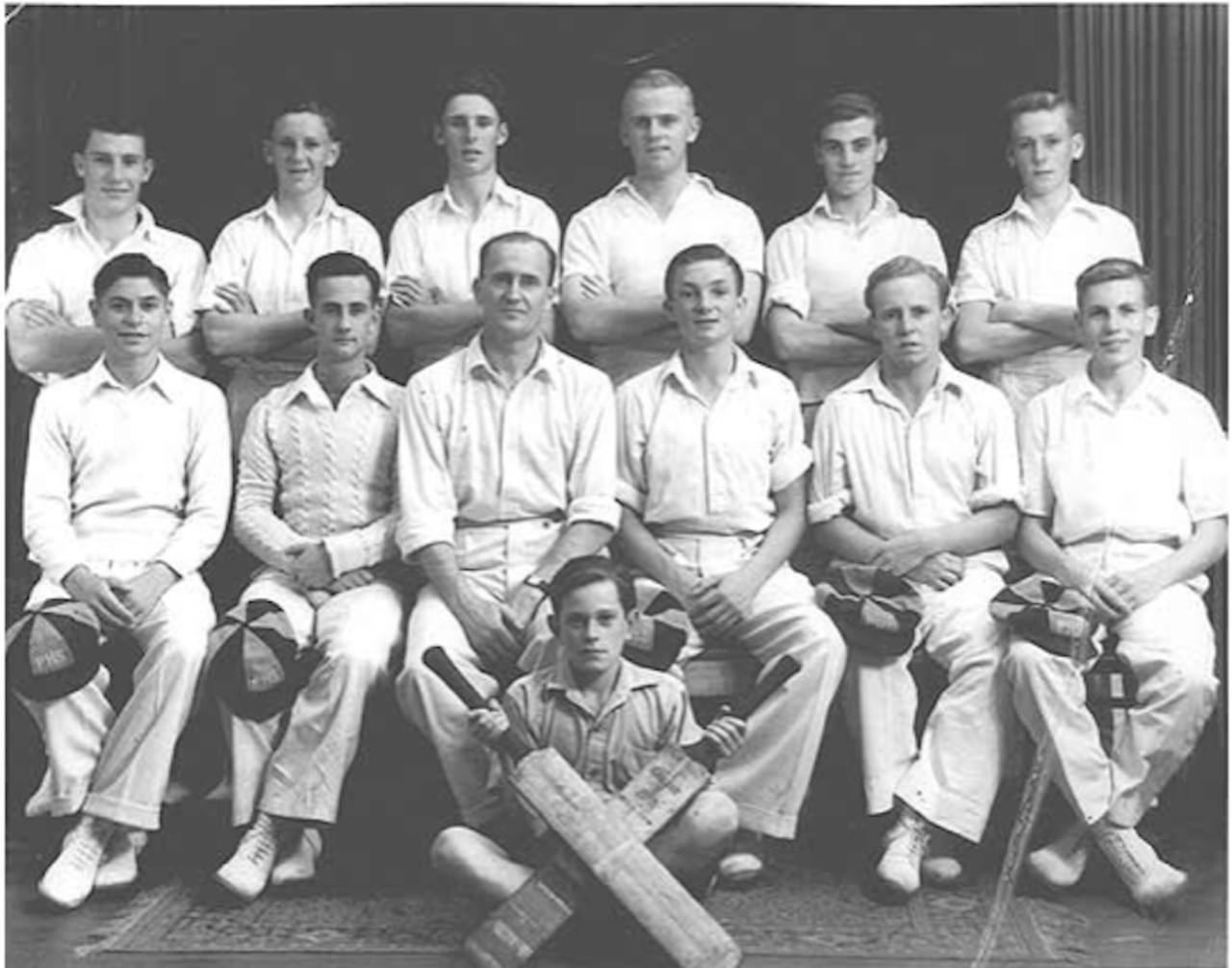 Richie Benaud (second row, third from left), captain of his school's first XI, Parramatta High School, 1946