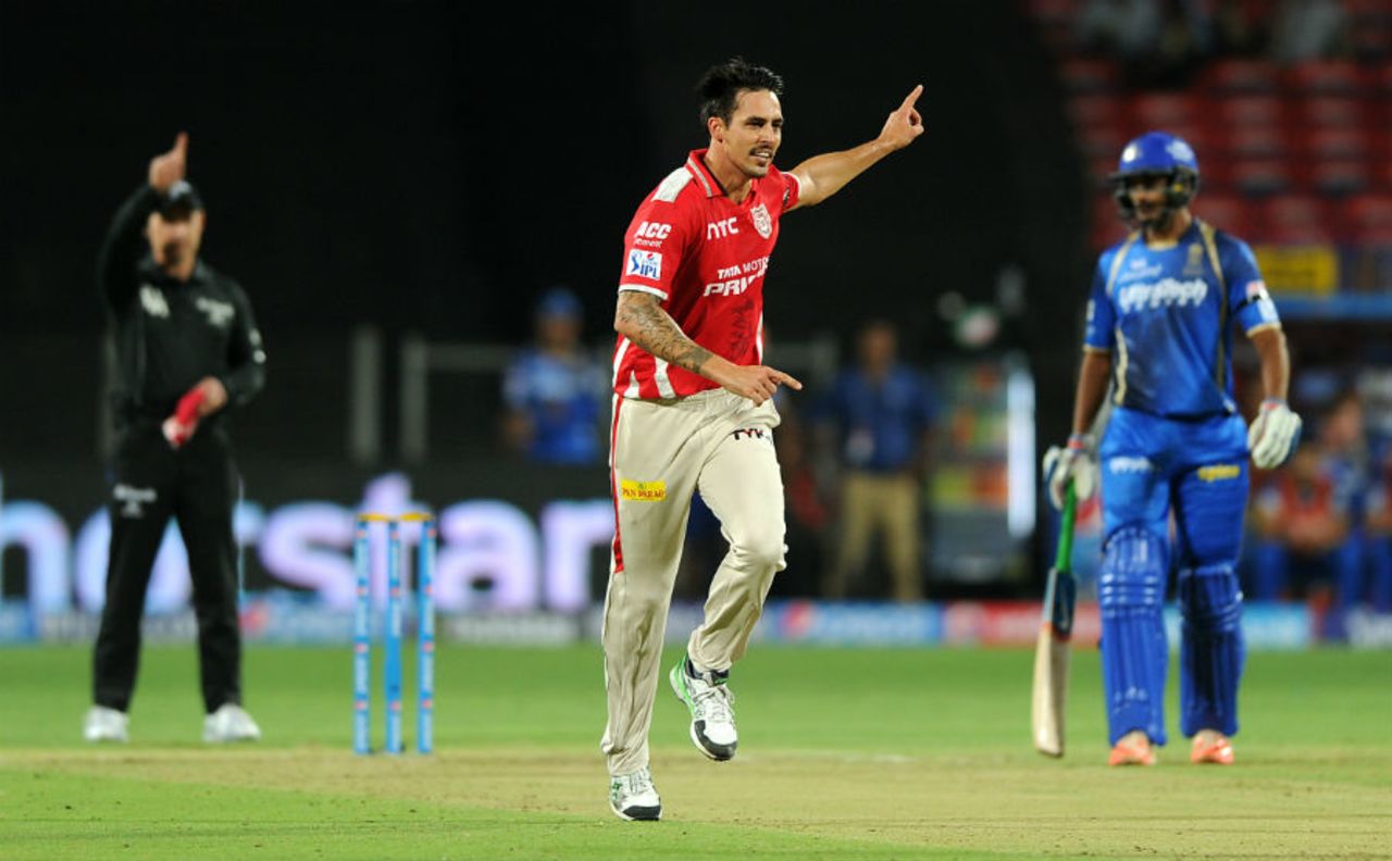 Mitchell Johnson celebrates a wicket, Kings XI Punjab v Rajasthan Royals, IPL 2015, Pune, April 10, 2015