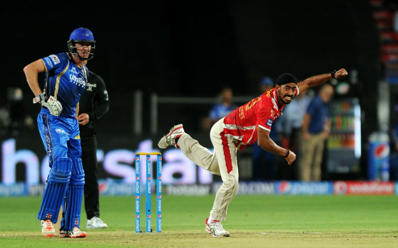 Anureet Singh returned figures of 3 for 23 from his four overs, Kings XI Punjab v Rajasthan Royals, IPL 2015, Pune, April 10, 2015