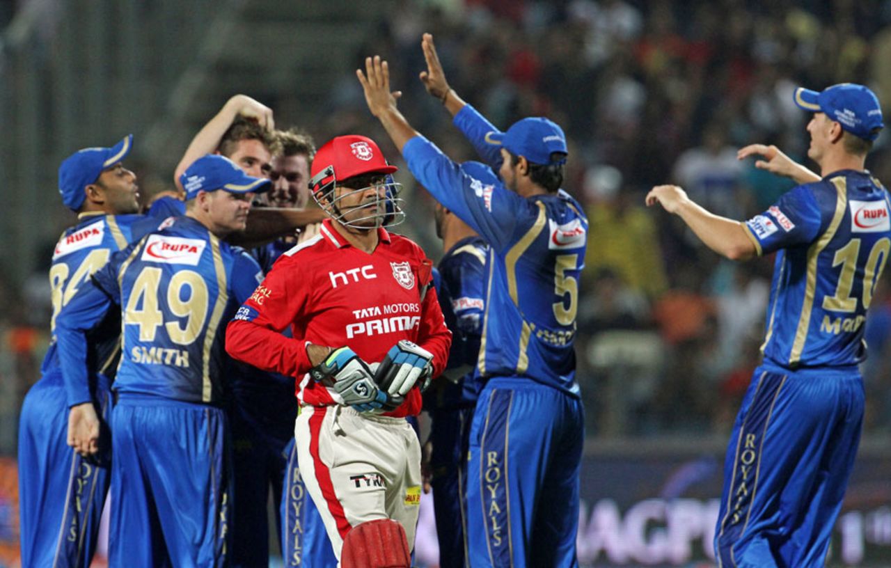 Virender Sehwag was out for a first-ball duck, Kings XI Punjab v Rajasthan Royals, IPL 2015, Pune, April 10, 2015