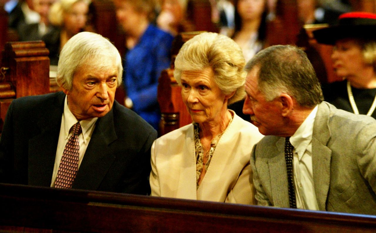Richie Benaud, his wife Daphne and Ian Chappell at Keith Miller's funeral at St Paul's Cathedral, Melbourne, October 20, 2004
